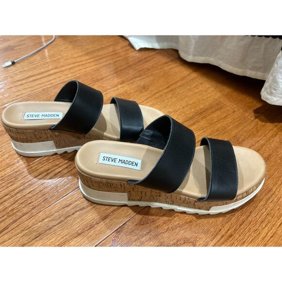 Steve Madden Platform Double Straps Wedge Sandal Black Size 7 - Picture 2 of 7